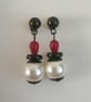 white, red & black earrings, dangle pearl & quartz  - Image 8