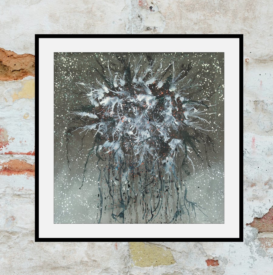 Large Grey Abstract Painting Expressive Monochrome Paint Splashed Artwork