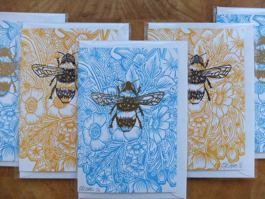 Bee & Flowers Blue Gold Lino
