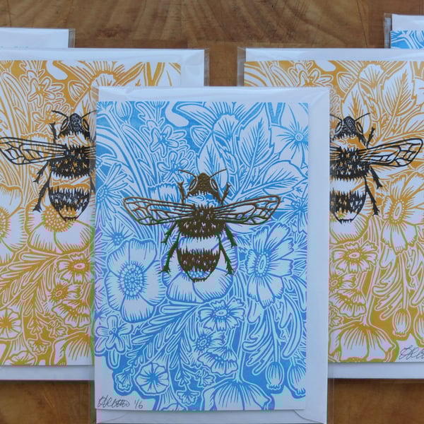 Bee & Flowers Blue Gold Lino
