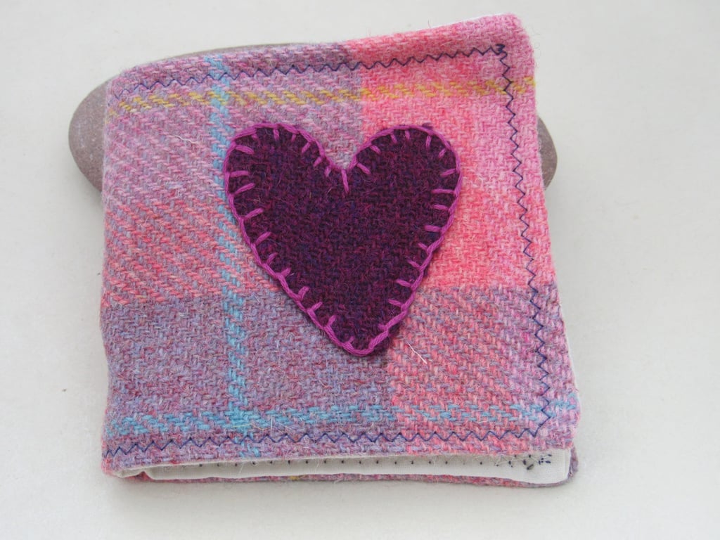 Handmade Pink Tartan and Cerise Heart Tweed Needlebook