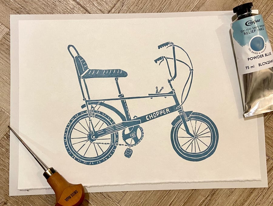 Raleigh Chopper - original hand burnished lino print in powder blue