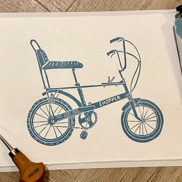 Raleigh Chopper - original hand burnished lino print in powder blue