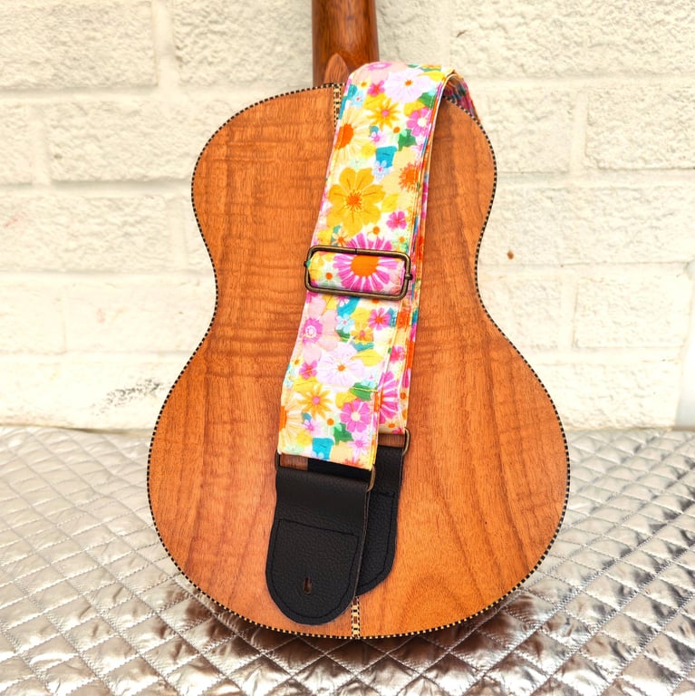  2 inch Wide Handmade ukulele neck strap in pretty, bright florals