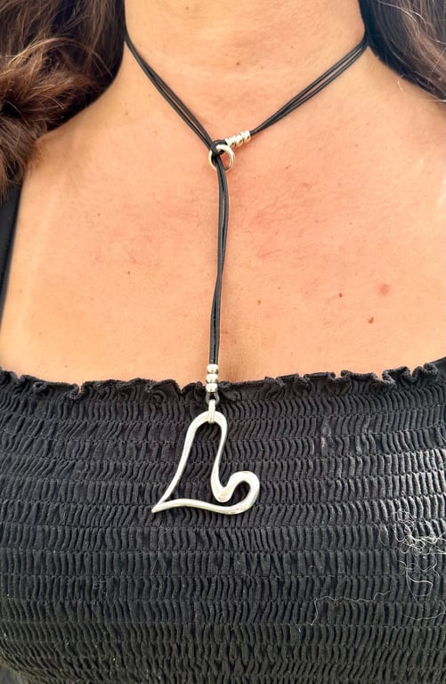 Women's Leather Y Necklace, Silver Plated Heart Pendant, Boho Jewellery