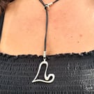 Women's Leather Y Necklace, Silver Plated Heart Pendant, Boho Jewellery