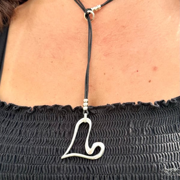 Women's Leather Y Necklace, Silver Plated Heart Pendant, Boho Jewellery