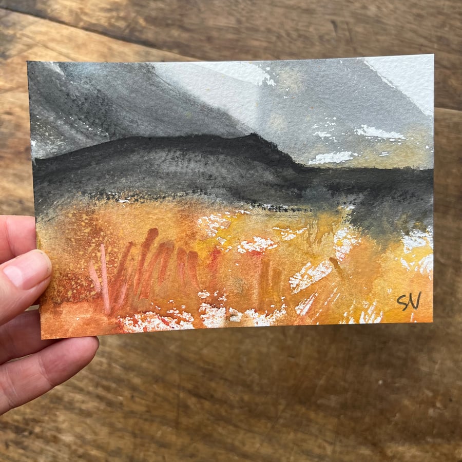 Autumn Moorland Postcard 5 - ORIGINAL mini Peak District Landscape painting