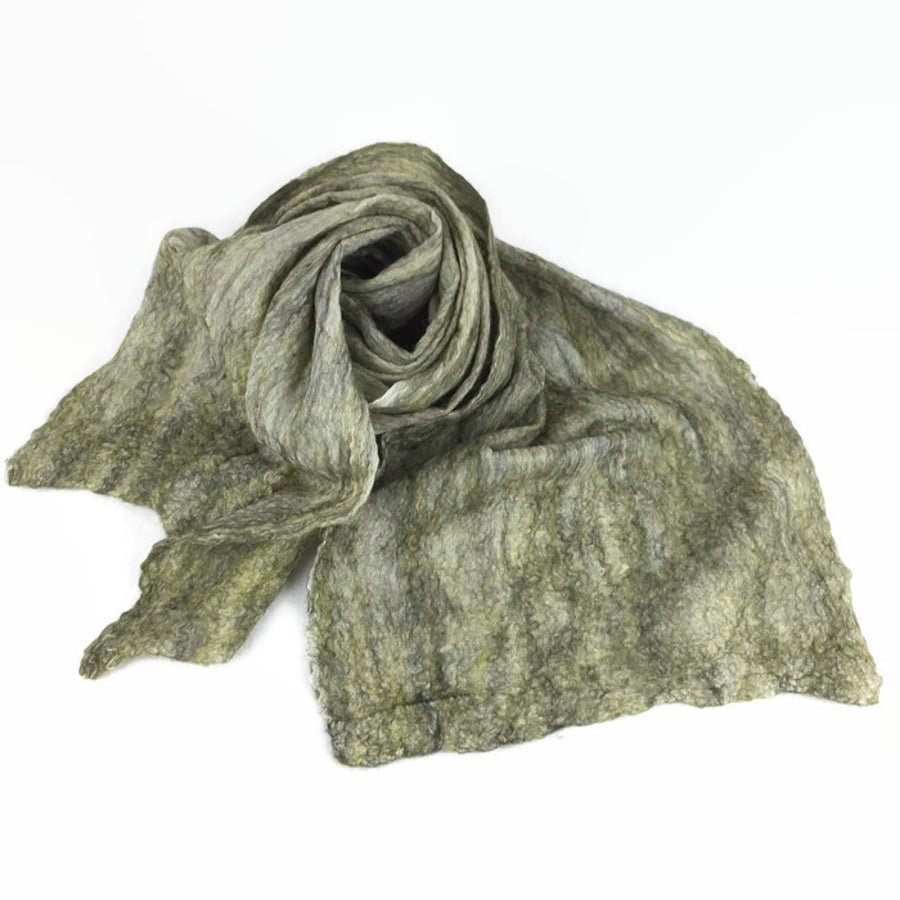 Seconds Sunday -Lightweight, nuno felted wool and silk scarf in a blend of green