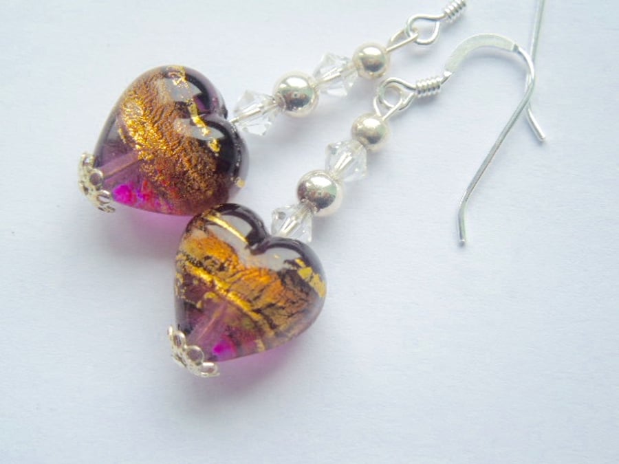 Murano glass purple and gold heart earrings with Swarovski and sterling silver.