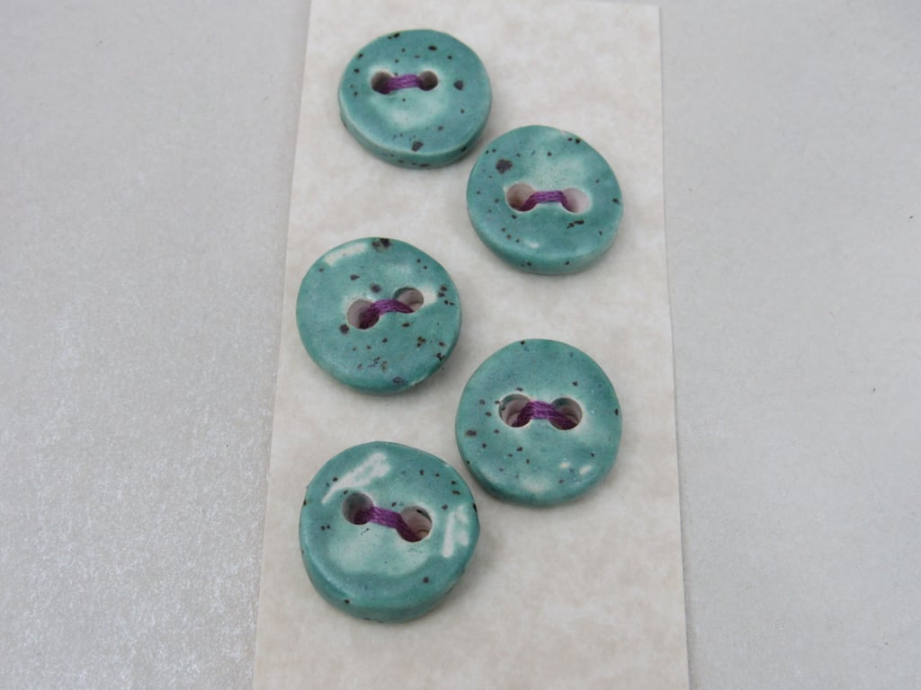 5 Small Round Eggshell Blue Ceramic Buttons