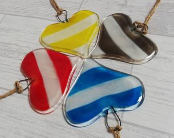 Fused Glass Heart Hanger Stripyor Plain or Spotty