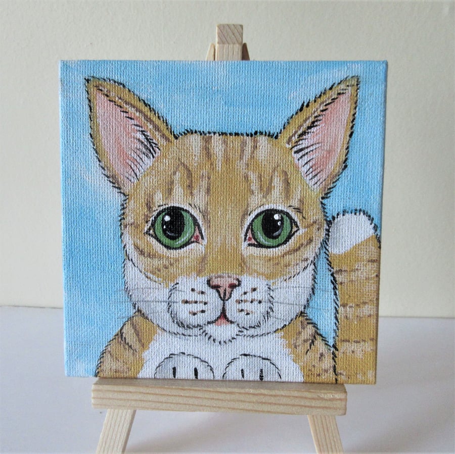 Cat Miniature Original Acrylic Painting with Easel Letterbox Gift Charity