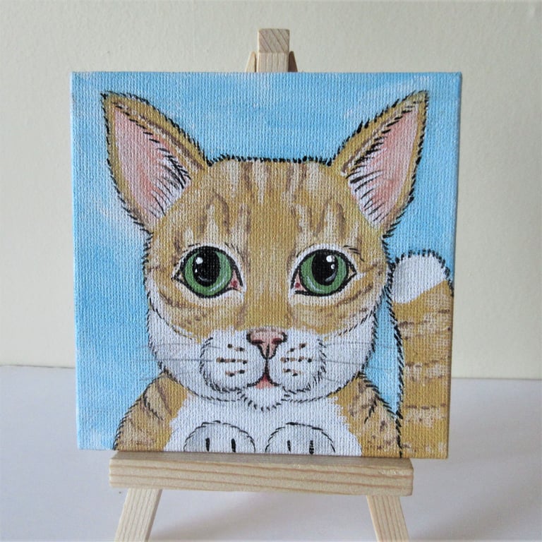 Cat Miniature Original Acrylic Painting with Easel Letterbox Gift Charity