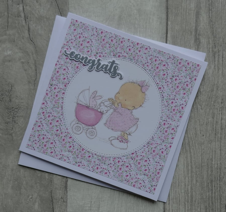 Baby with Pink Pram - Congrats - New Baby Greeting Card