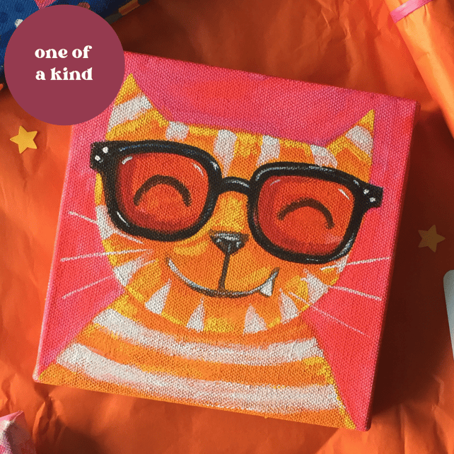 Orange Cat  NHS specs- bright fun character painting Jo Brown  - cute art