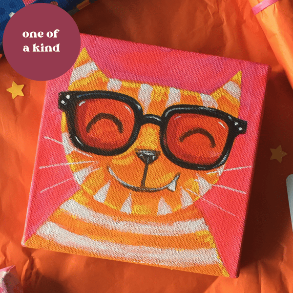 Ginger cat original painting by Jo Brown  -bright  cute art