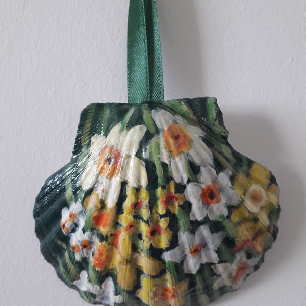 Daffodils handpainted king scallop shell wall hanger