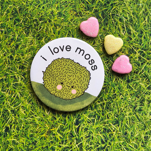 Handmade I love Moss Pin Badge 58m - Marimo Mossball - Houseplant - Nature 