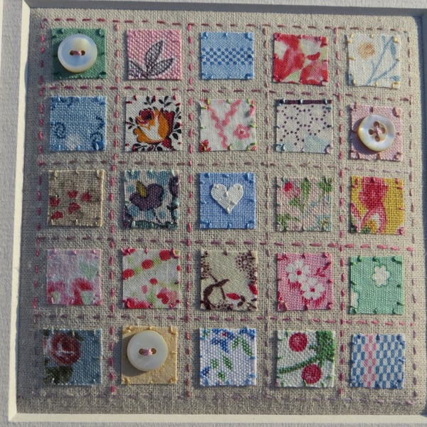 A Little Quilt hand-stitched framed original, vintage fabrics, tiny MOP buttons