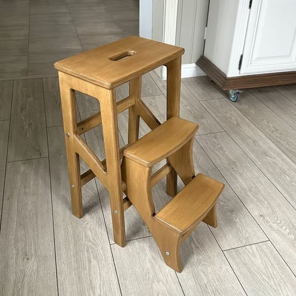 Light Oak Wooden Folding Step Stool, Library Steps, Kitchen Step Ladder.