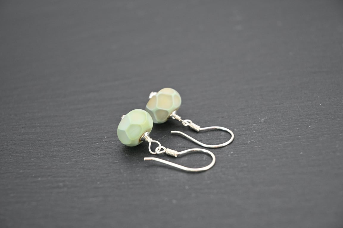 lampwork glass green spot earrings