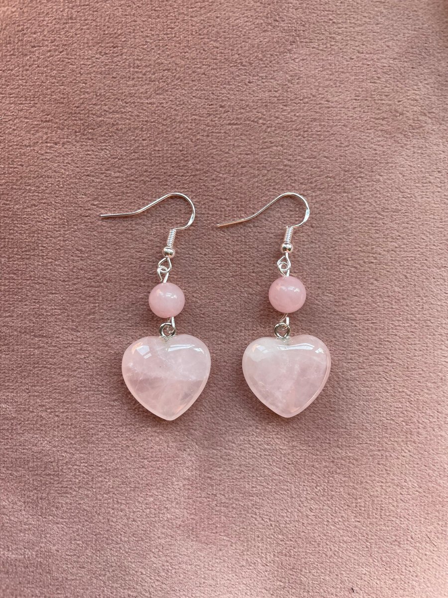 Rose Quartz Heart Crystal Drop Silver Earrings