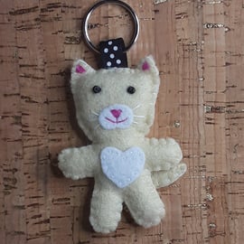 Cat Cream & White Felt Keyring-Bag Charm.