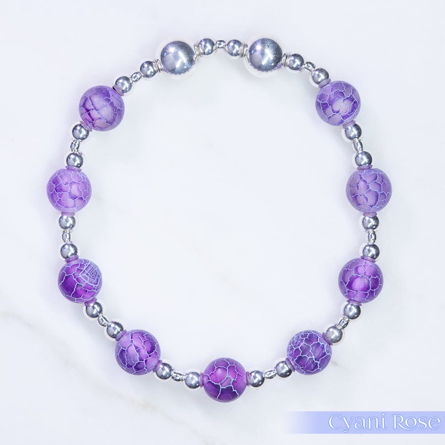 Bracelet with purple crackle glass and sterling silver beads stretchy handmade