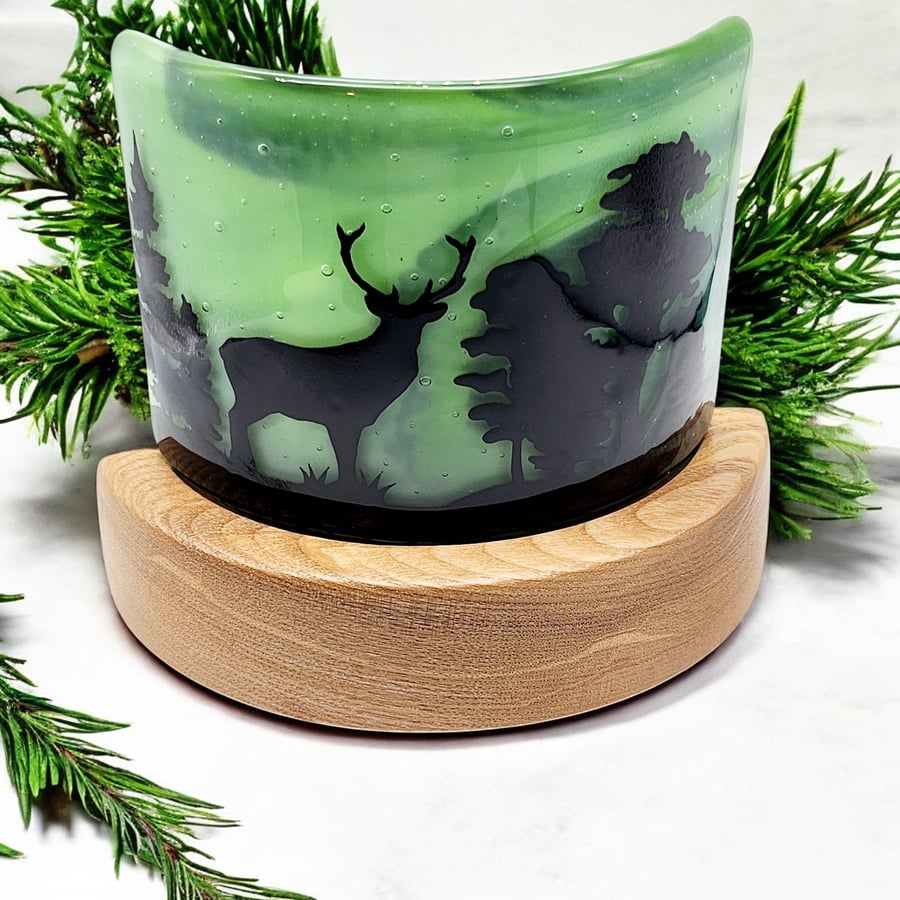 Fused Glass Candle Curve with Stag Design on a Bespoke Wooden Stand