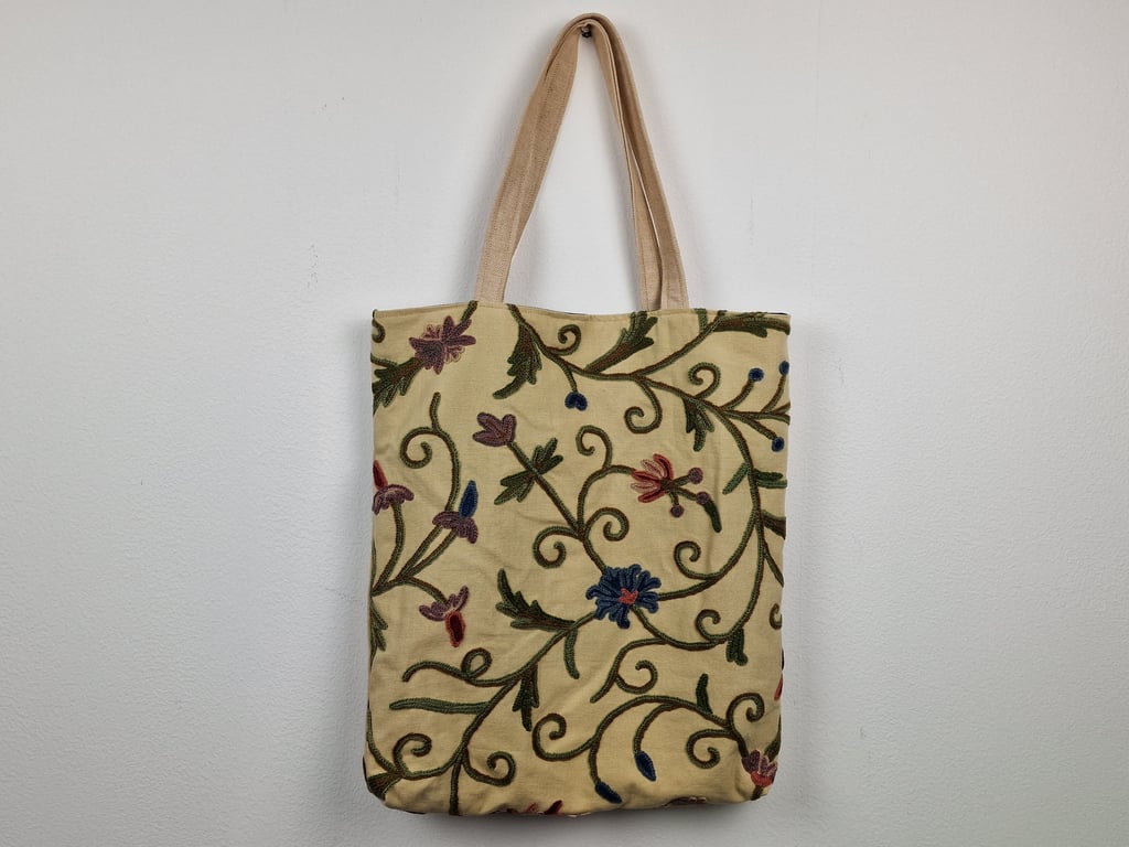 Crewel work embroidery shoulder tote bag