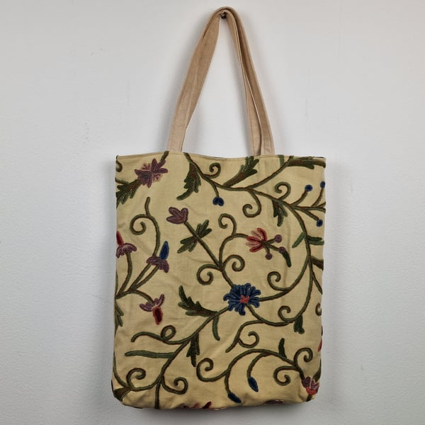 Crewel work embroidery shoulder tote bag