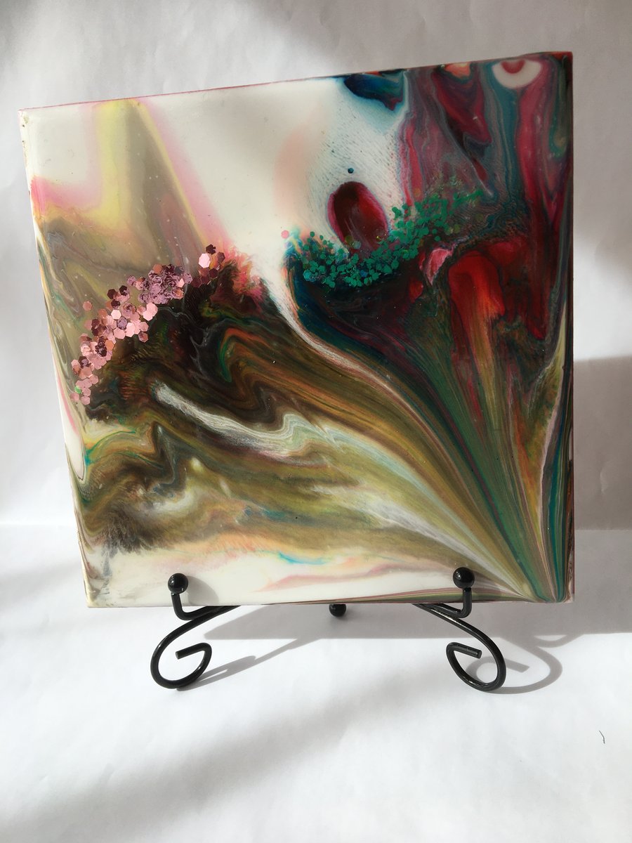 Fluid art, 6”x6” tile, trivet, decoration, abstract flower with glitter  