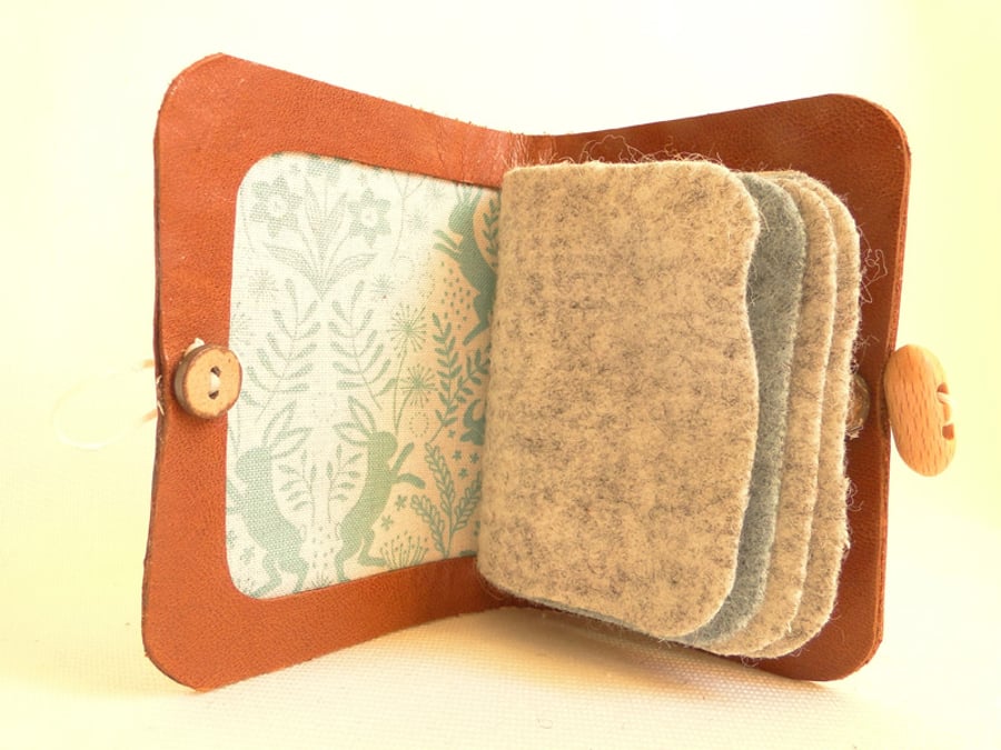 Hare Fabric Needle Case - Sewing Accessory - Brown Leather Needle Book 