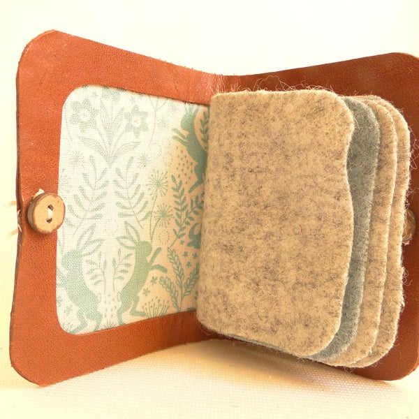 Hare Fabric Needle Case - Sewing Accessory - Brown Leather Needle Book 