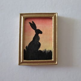 Doll House Miniature Original Painting Framed with Bunny Silhouette Rabbit 