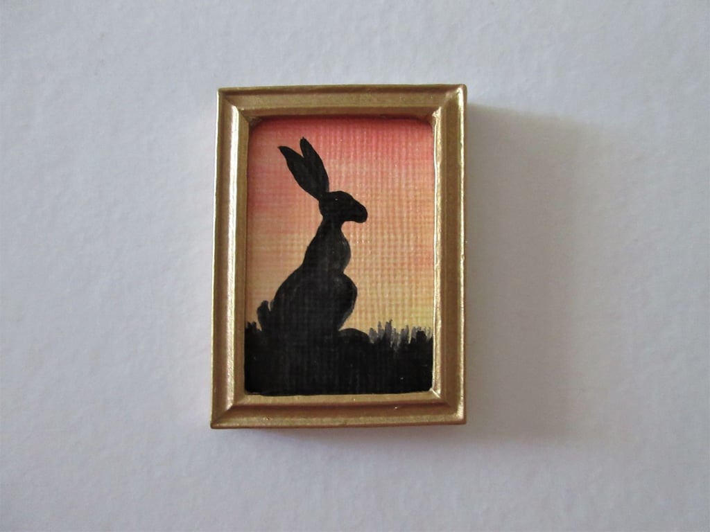 Doll House Miniature Original Painting Framed with Bunny Silhouette Rabbit 