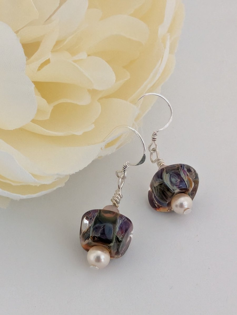 Lampwork Art Glass Earrings: Soft Mauve and Green, Sterling Silver Earwires
