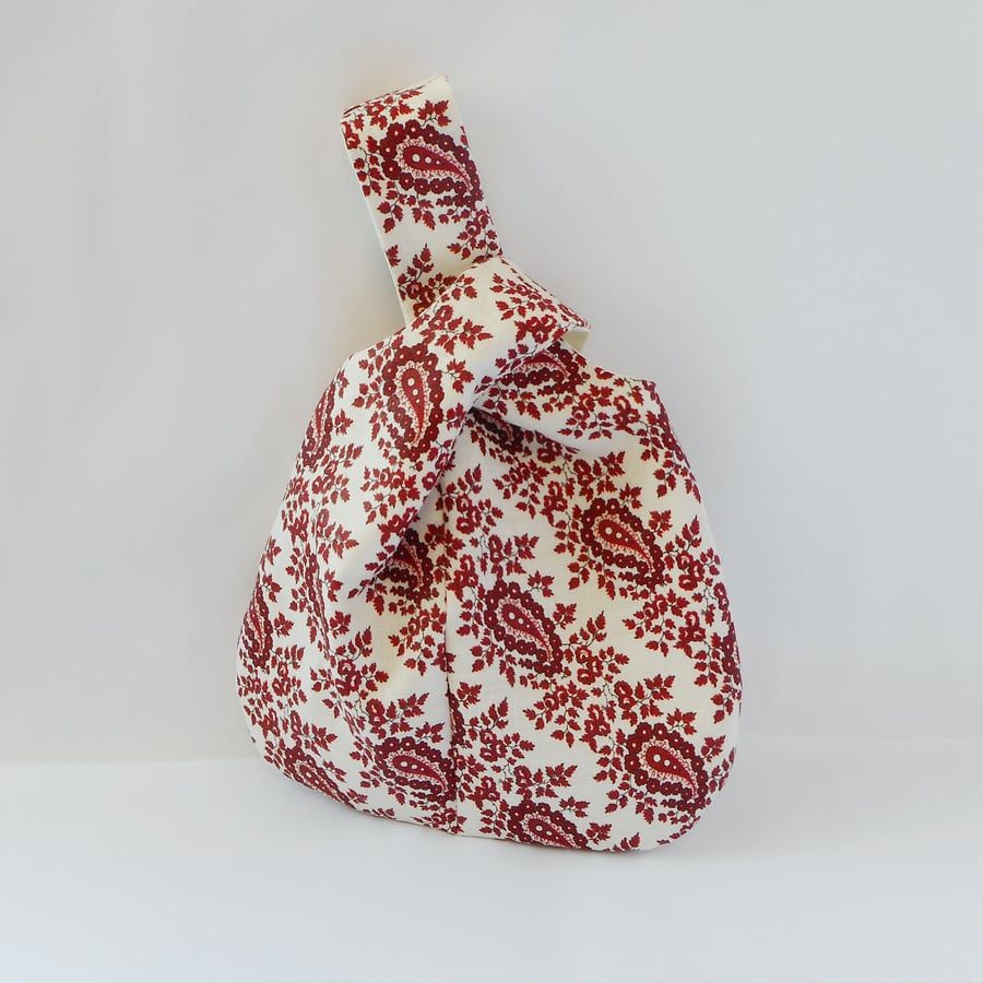 Paisley print linen, fully lined, Japanese Knot bag in white and deep burgundy