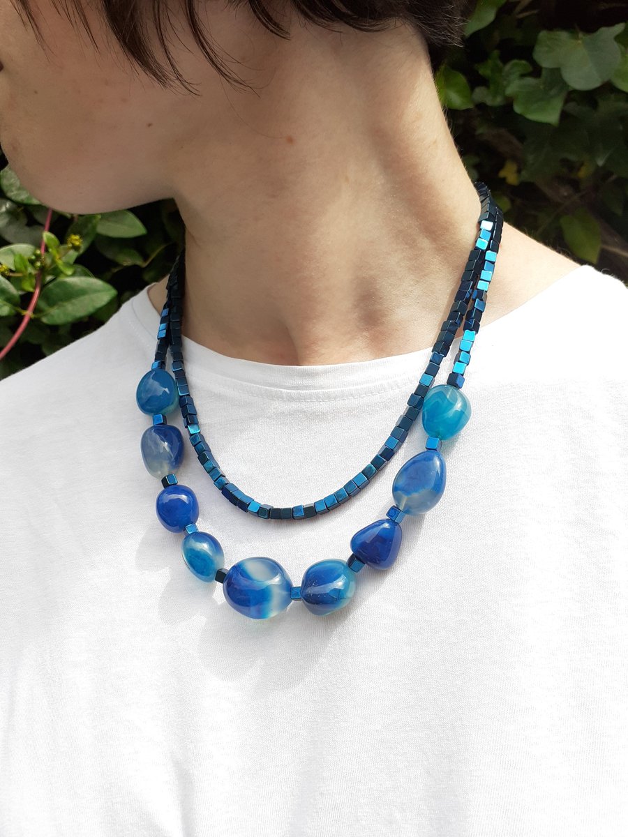 Electric Blue Chalcedony and Hematite Necklace
