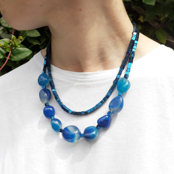 Electric Blue Chalcedony and Hematite Necklace