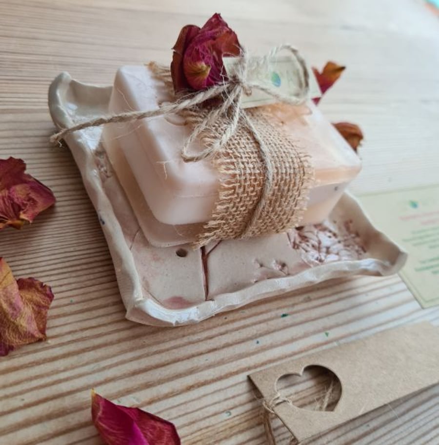 Handmade Botanical Ceramic Soap Dish & Natural Rose Geranium Soap