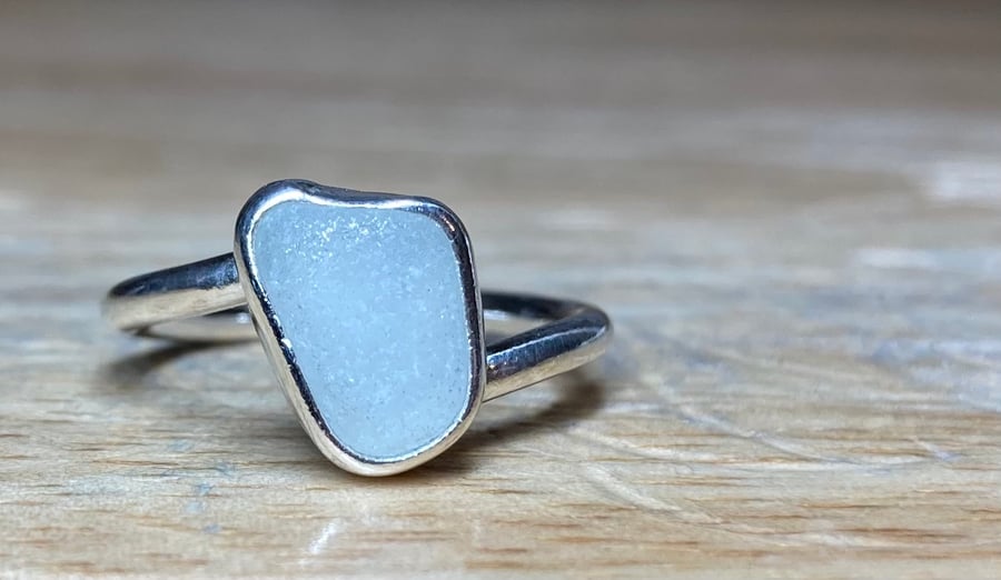 Handmade Sterling & Fine Silver Wrap Ring with Silver-Grey Welsh Sea-Glass