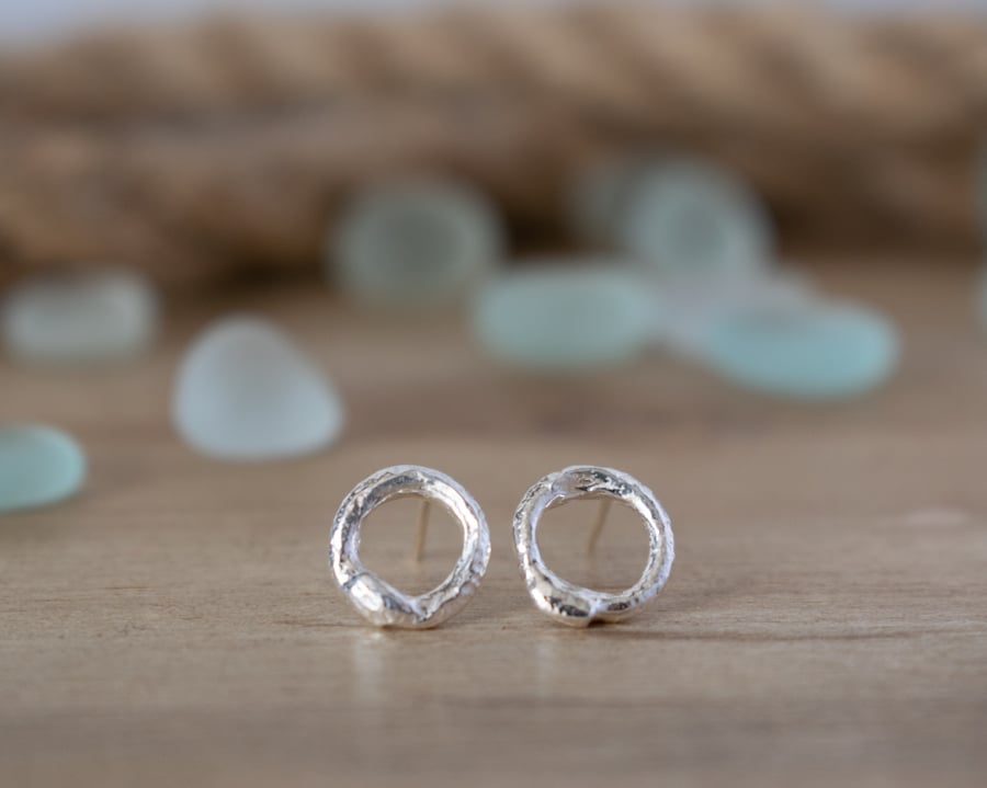 Circle Earrings - Recycled Sterling Silver Studs, Rustic Jewellery 