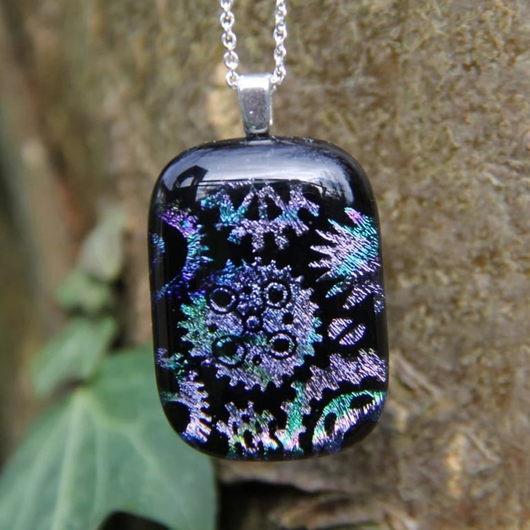Handmade Purple Green Steampunk gears Dichroic Pendant Necklace SKU F41