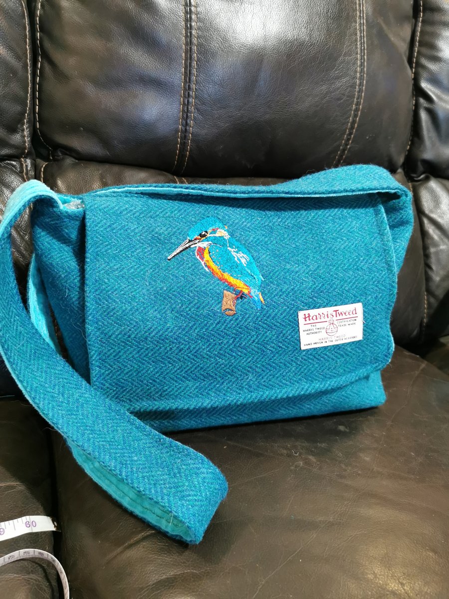 Harris Tweed crossbody bag with embroidered Kingfisher 
