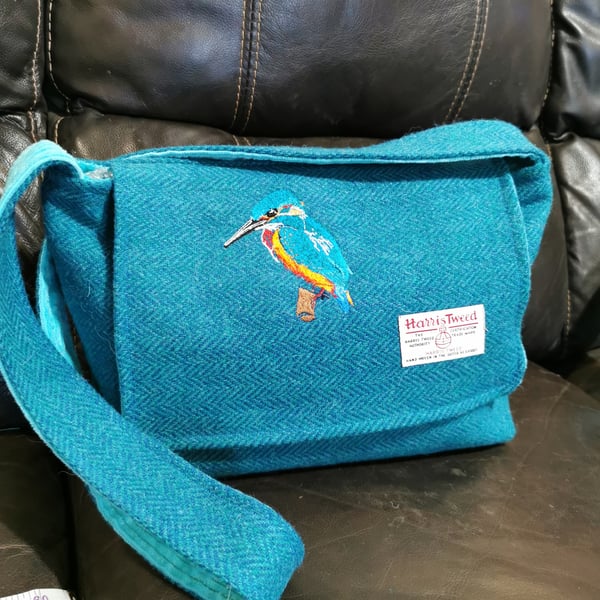 Harris Tweed crossbody bag with embroidered Kingfisher 