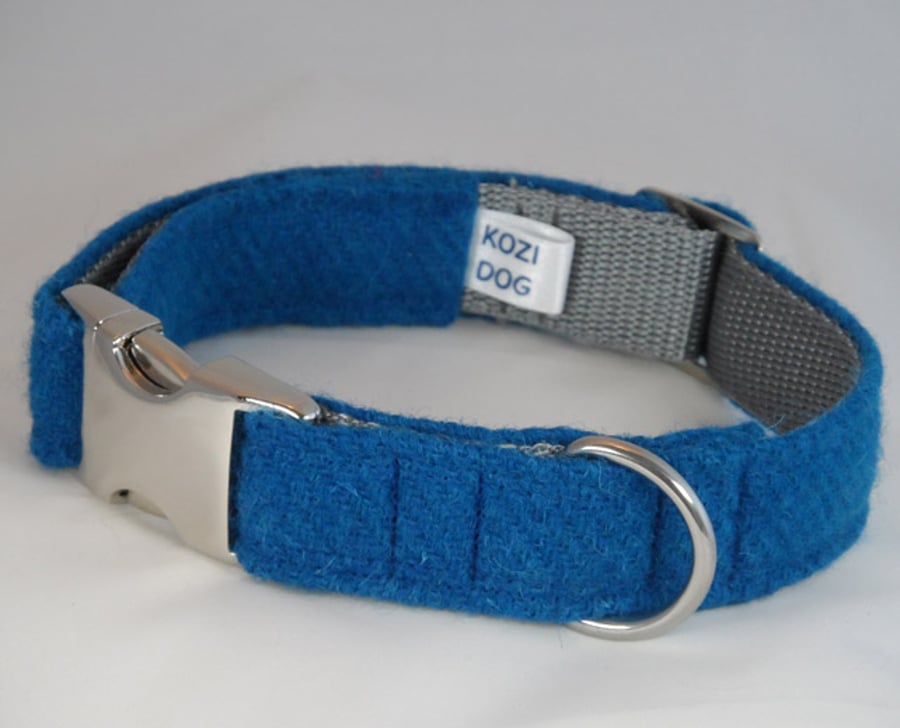 Handmade Harris Tweed Dog Collar - Plain Bright Blue 