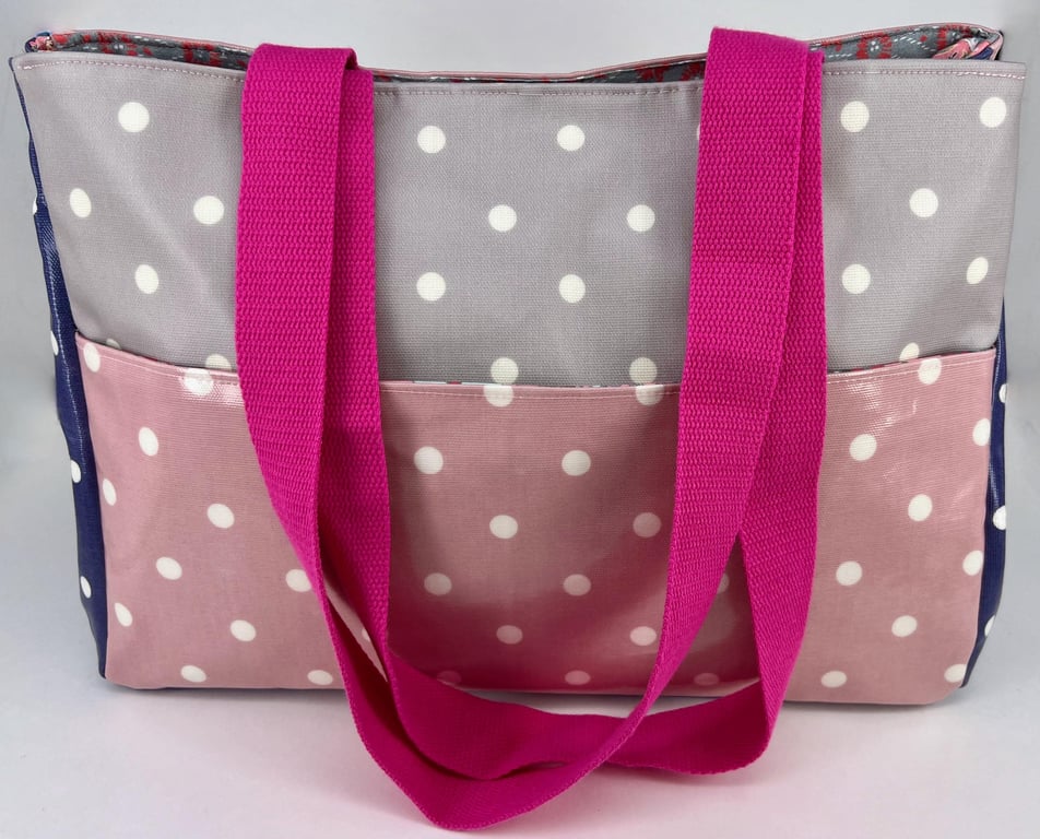 Handmade grey and pink dotty cotton oilcloth fully lined tote bag with pockets