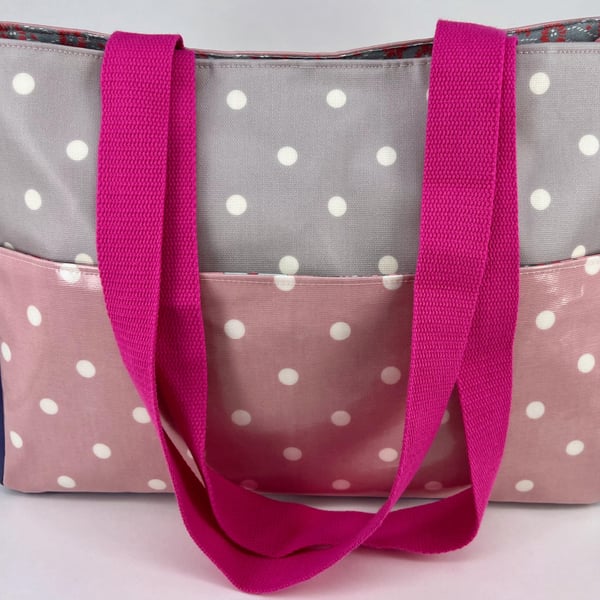 Handmade grey and pink dotty cotton oilcloth fully lined tote bag with pockets